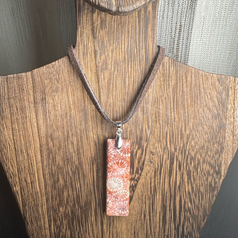 Dark Orange Coral Fossil Thin Rectangle Pendant Necklace on Brown Suede - Picture 4 of 13
